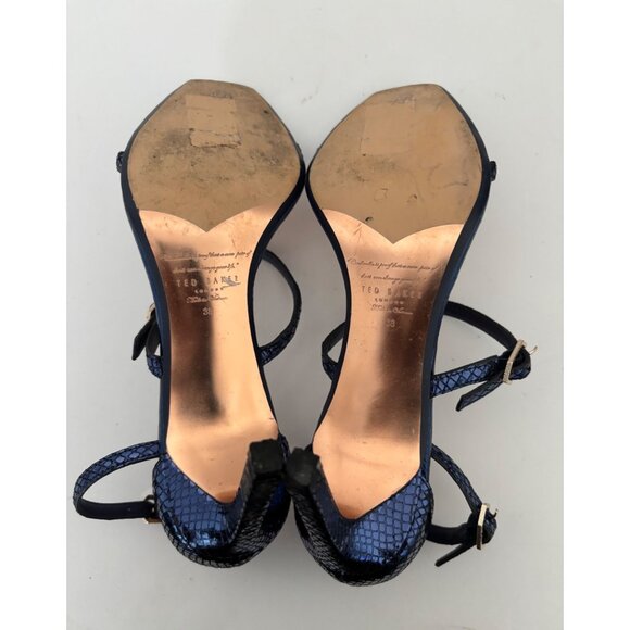 Ted Baker Heels 38 / US 7.5 Navy Strappy Heels Square Toe Ankle Strap Old Money - Picture 9 of 16